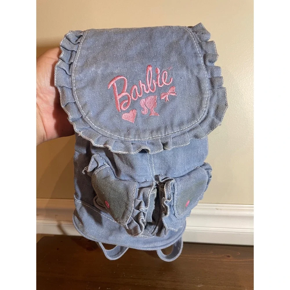Vintage Barbie Mini Backpack Blue Denim Ruffle Pink Logo Y2K 90s Small Bag